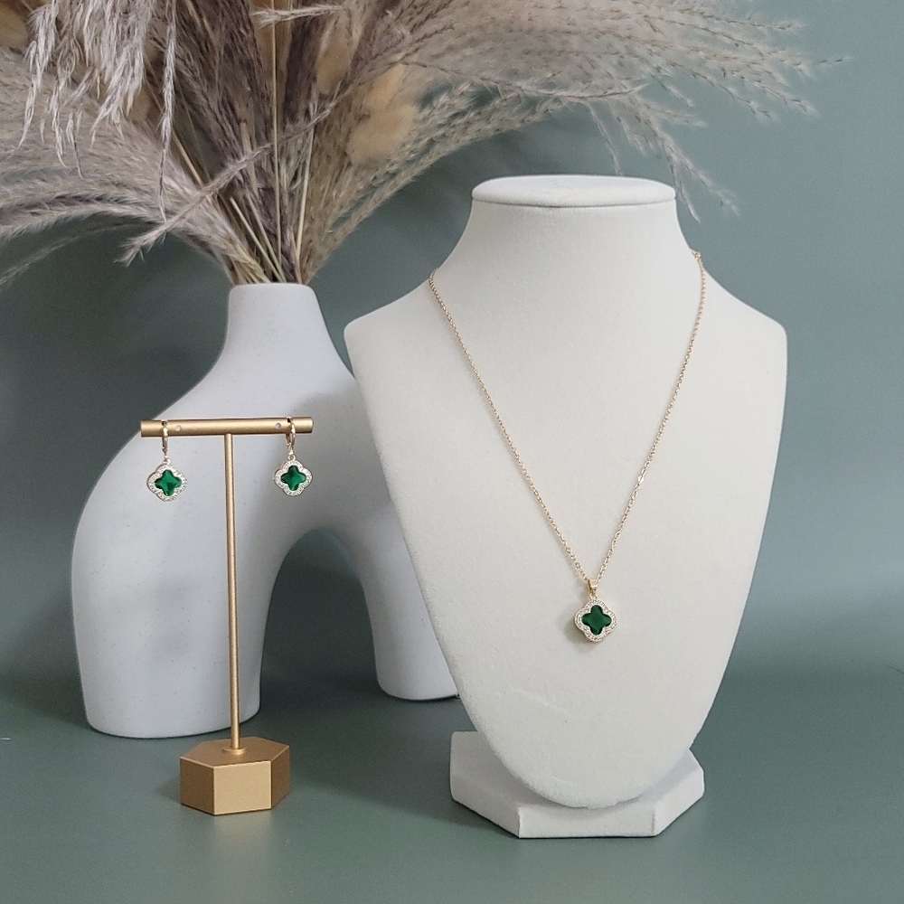 Stainless Steel Gold Tone Four Leaf Clover Necklace And Earrings Set